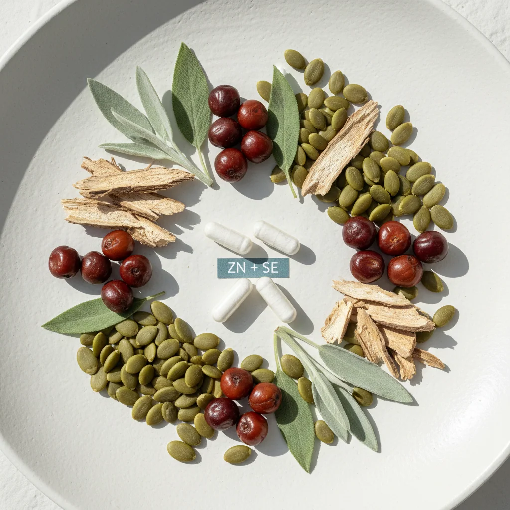 Pompoenzaden, saw palmetto bessen en brandnetelwortel naast supplement capsules - de ingrediënten van Alpha Drive