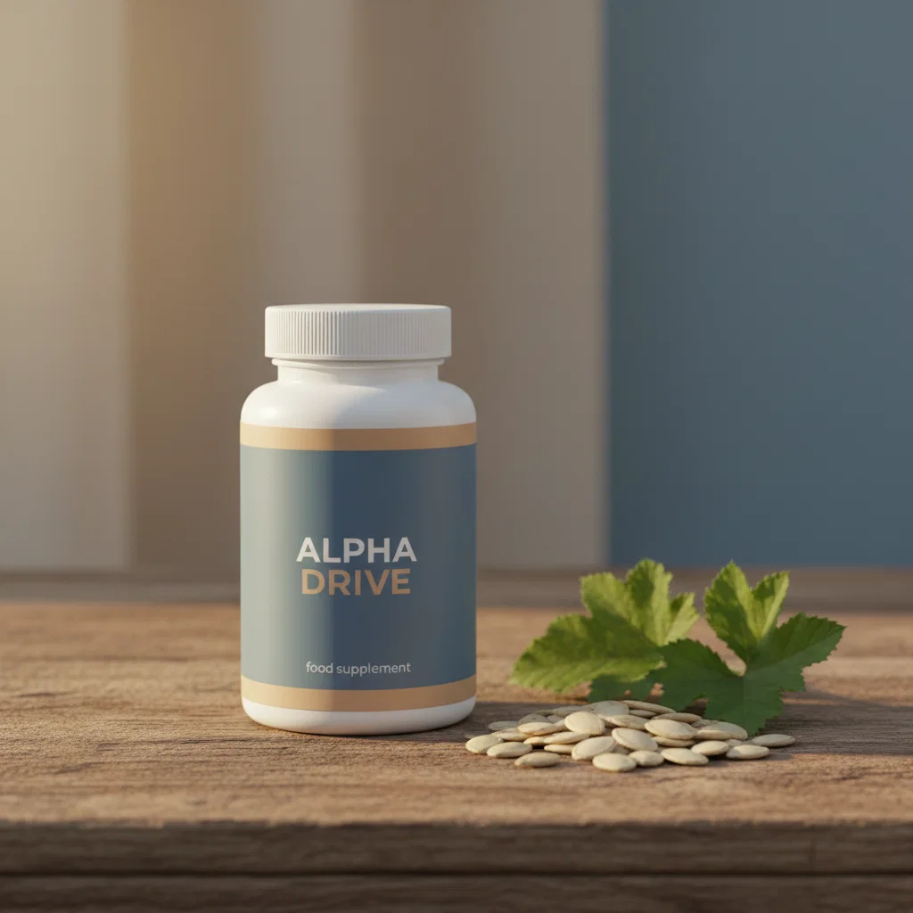 Alpha Drive food supplement pot op een houten ondergrond naast pompoenzaden en groene bladeren